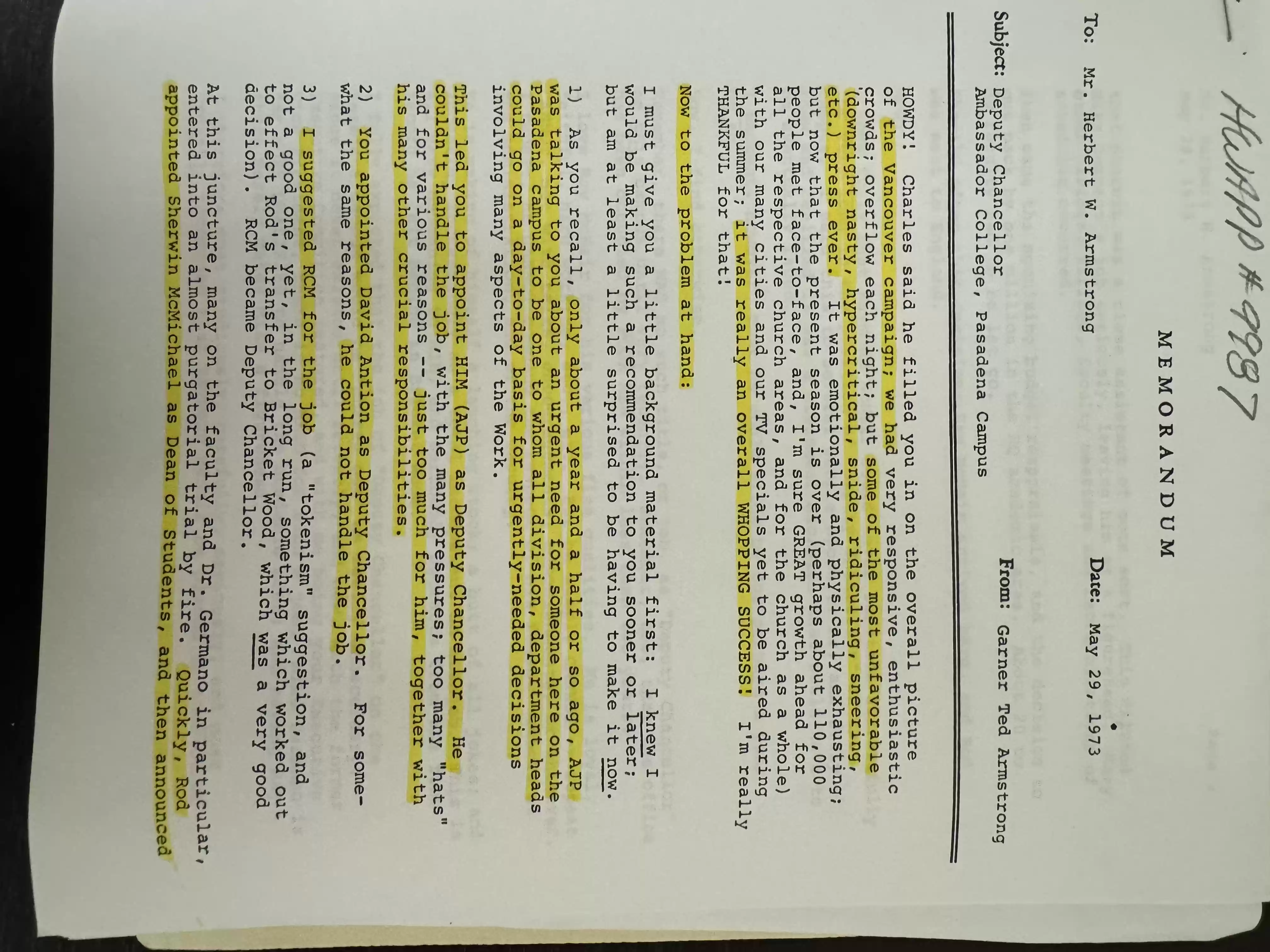 GTA to HWA memo, 9May1973
